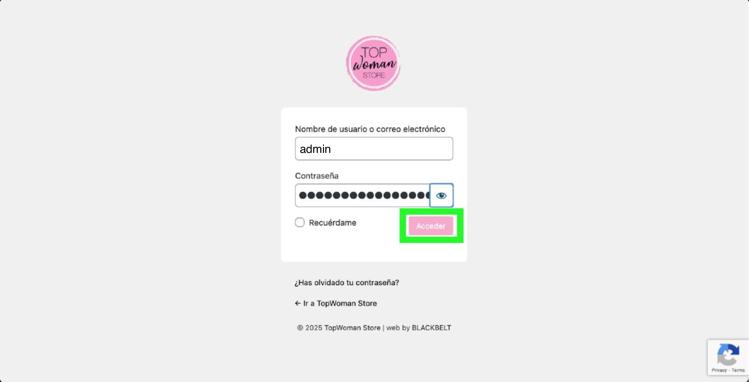 Pantalla de inicio de sesión de WordPress mostrando el botón acceder