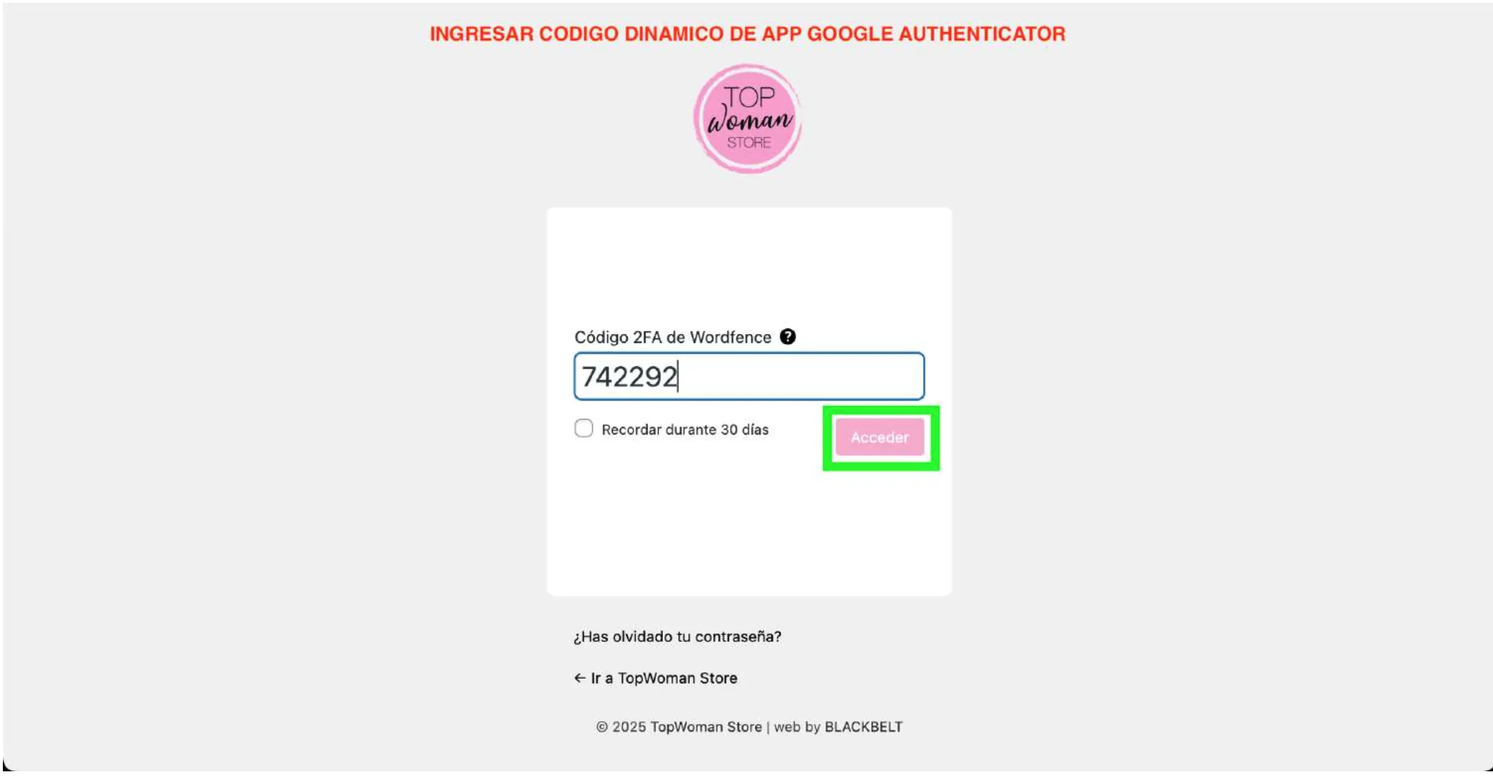 Pantalla solicitando el código 2FA de Wordfence