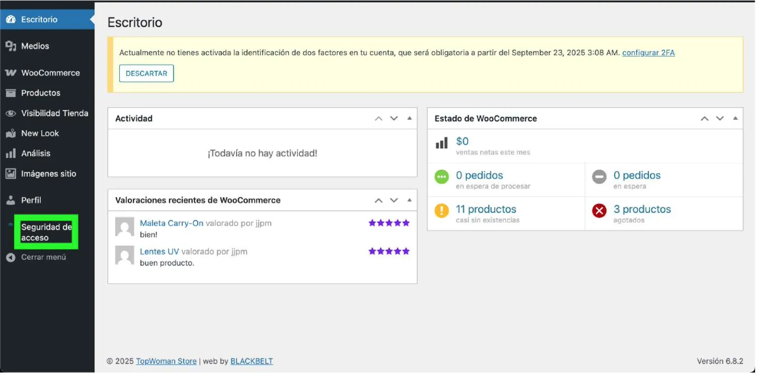 Panel de WordPress con la opción Seguridad de acceso resaltada
