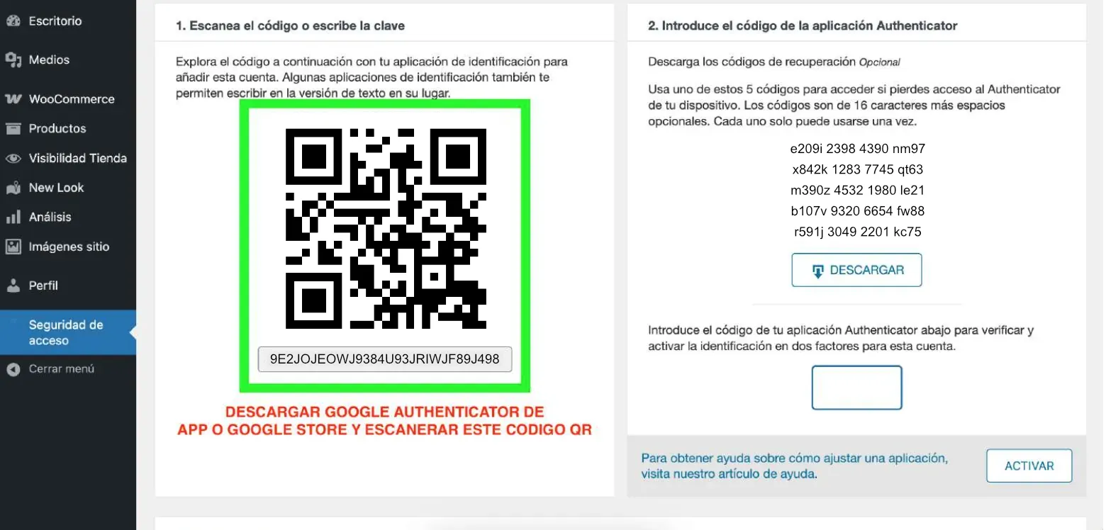 Pantalla de Wordfence con el código QR y los códigos de recuperación