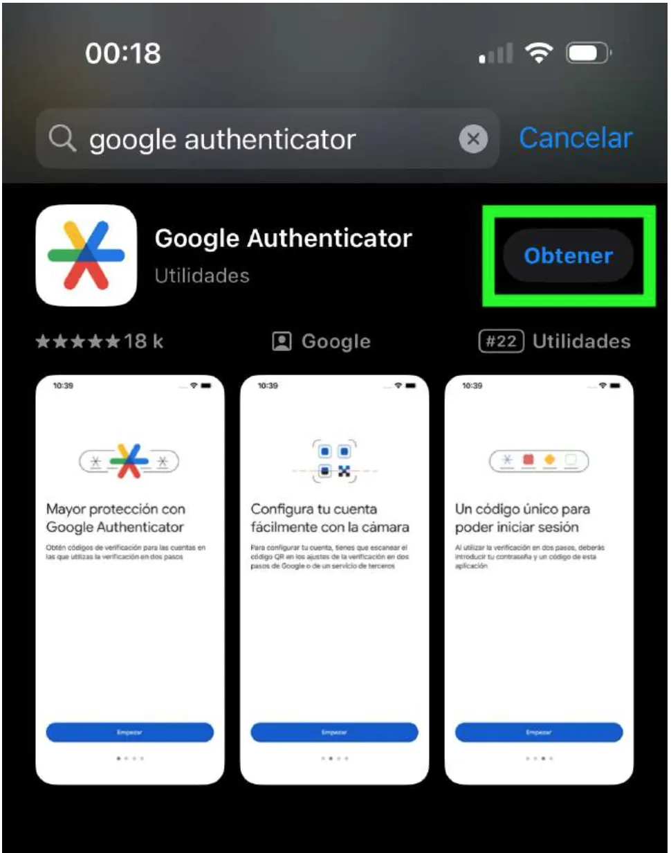 App Store mostrando la app Google Authenticator con el botón obtener