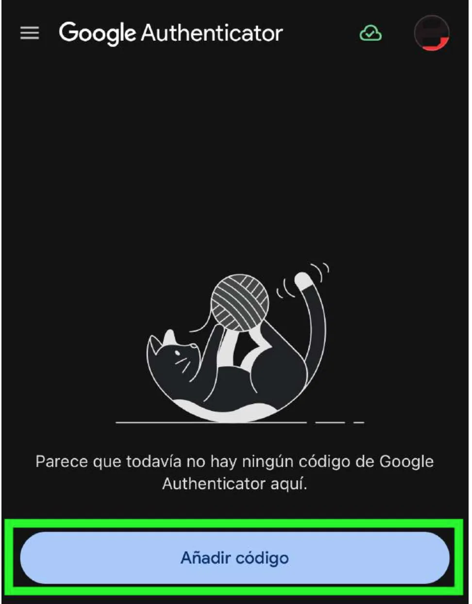 Aplicación Google Authenticator vacía con el botón añadir código