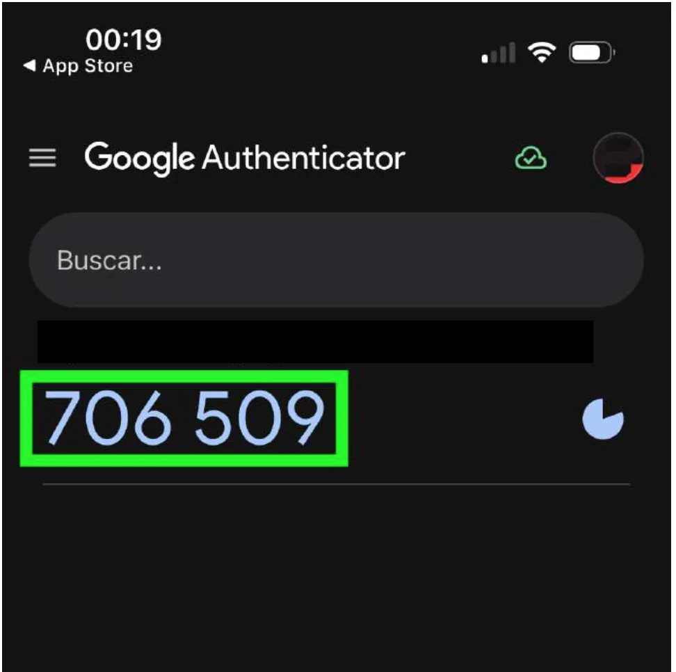 Código temporal generado en Google Authenticator