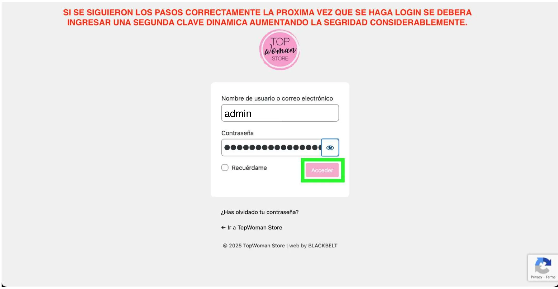 Pantalla de login indicando que se solicitará un segundo código