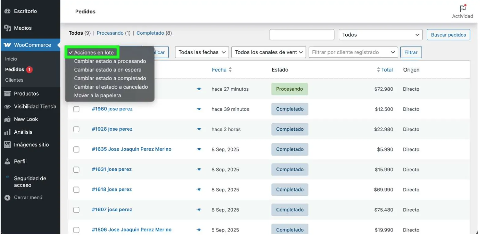 Menú Acciones en lote desplegado mostrando la opción Cambiar estado a completado