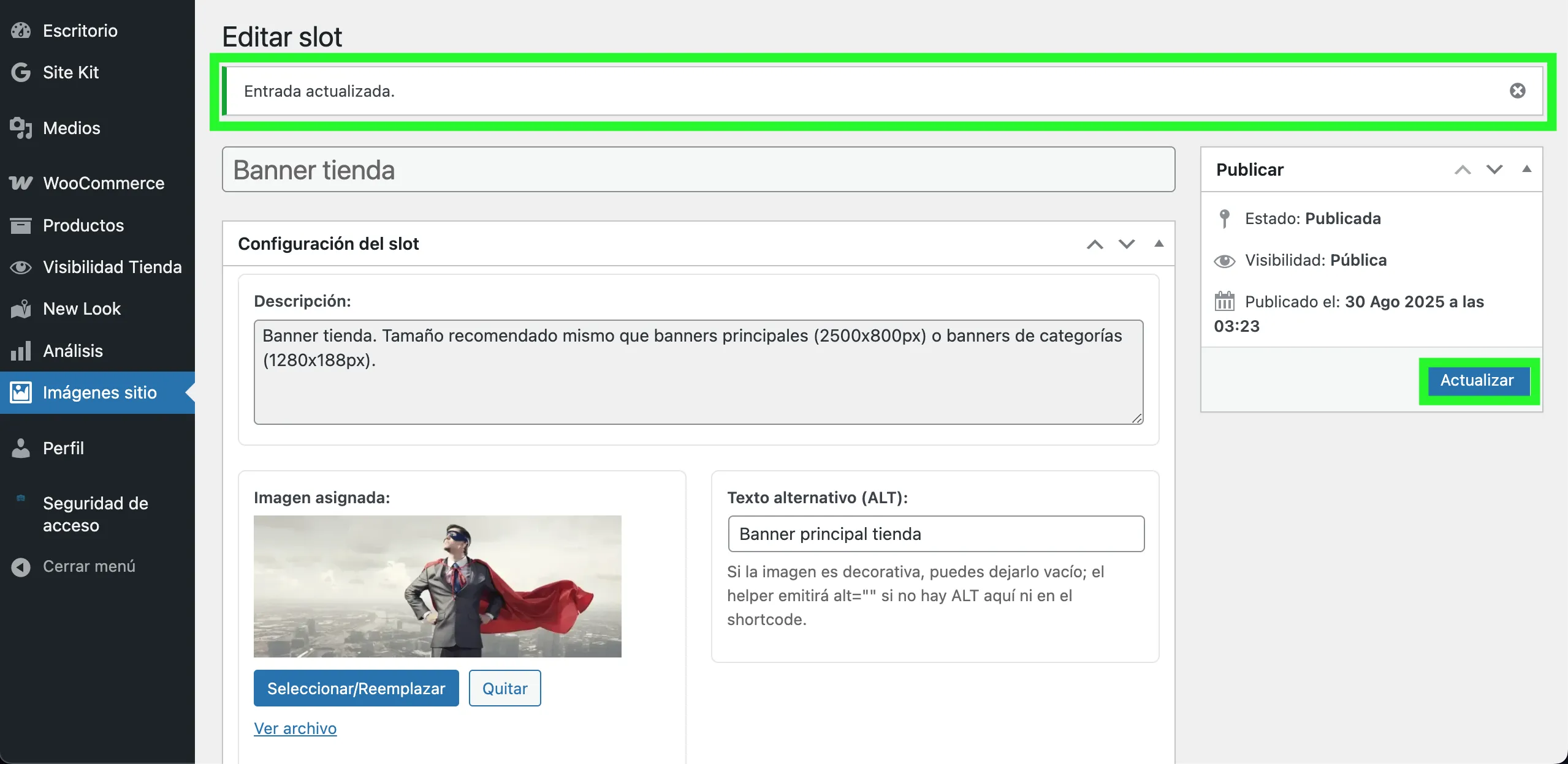 Mensaje de entrada actualizada tras guardar el slot