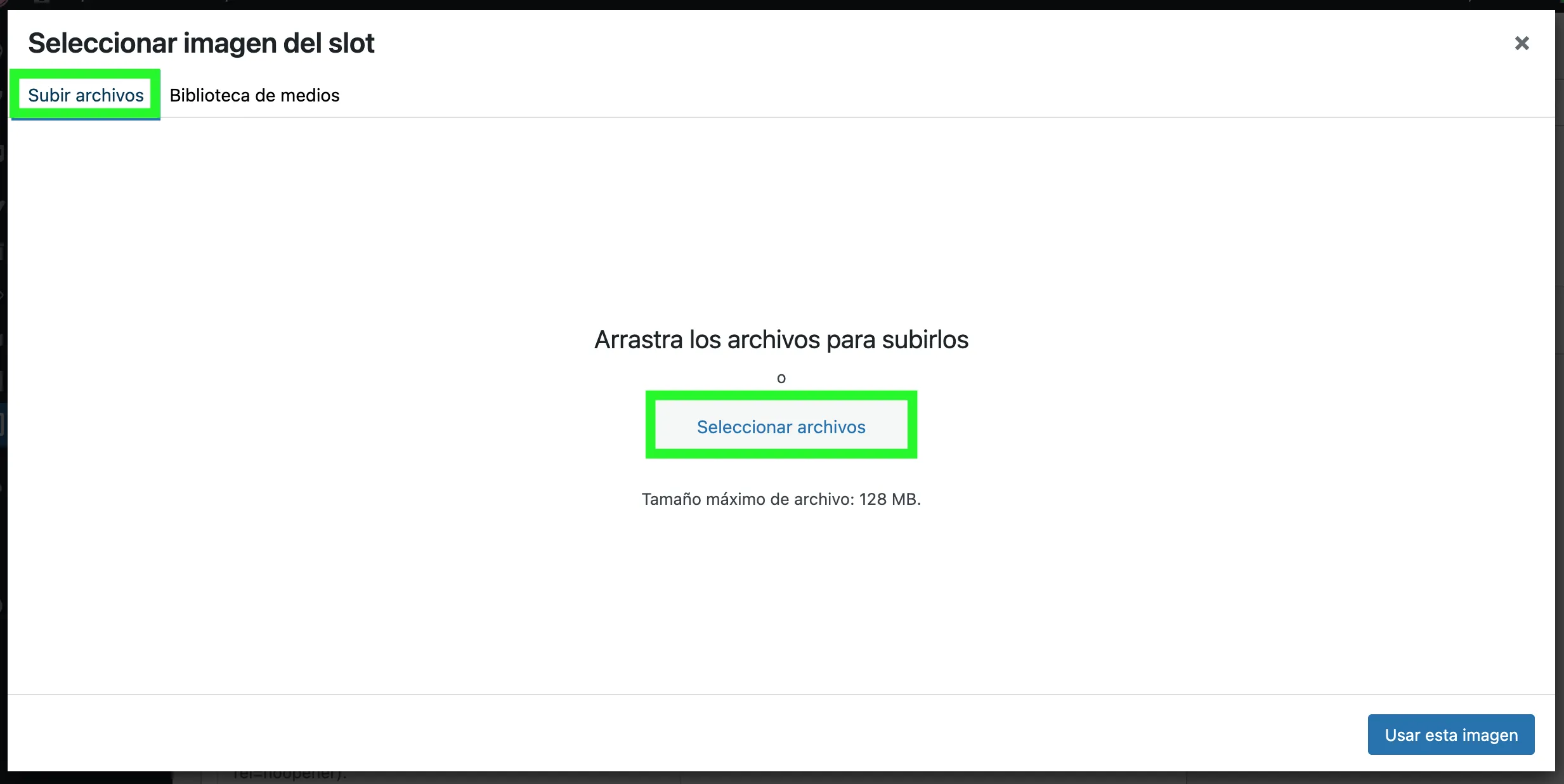 Modal de subida de archivos resaltando la acción Seleccionar archivos