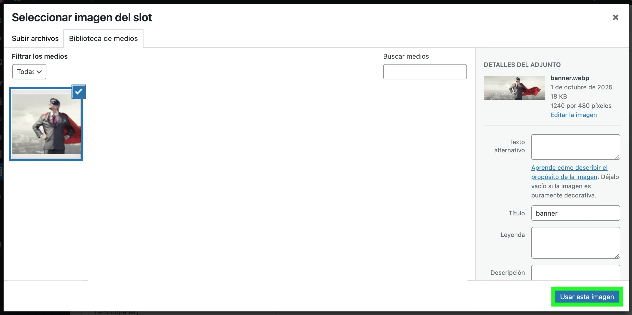Confirmar selección de imagen en la biblioteca de medios