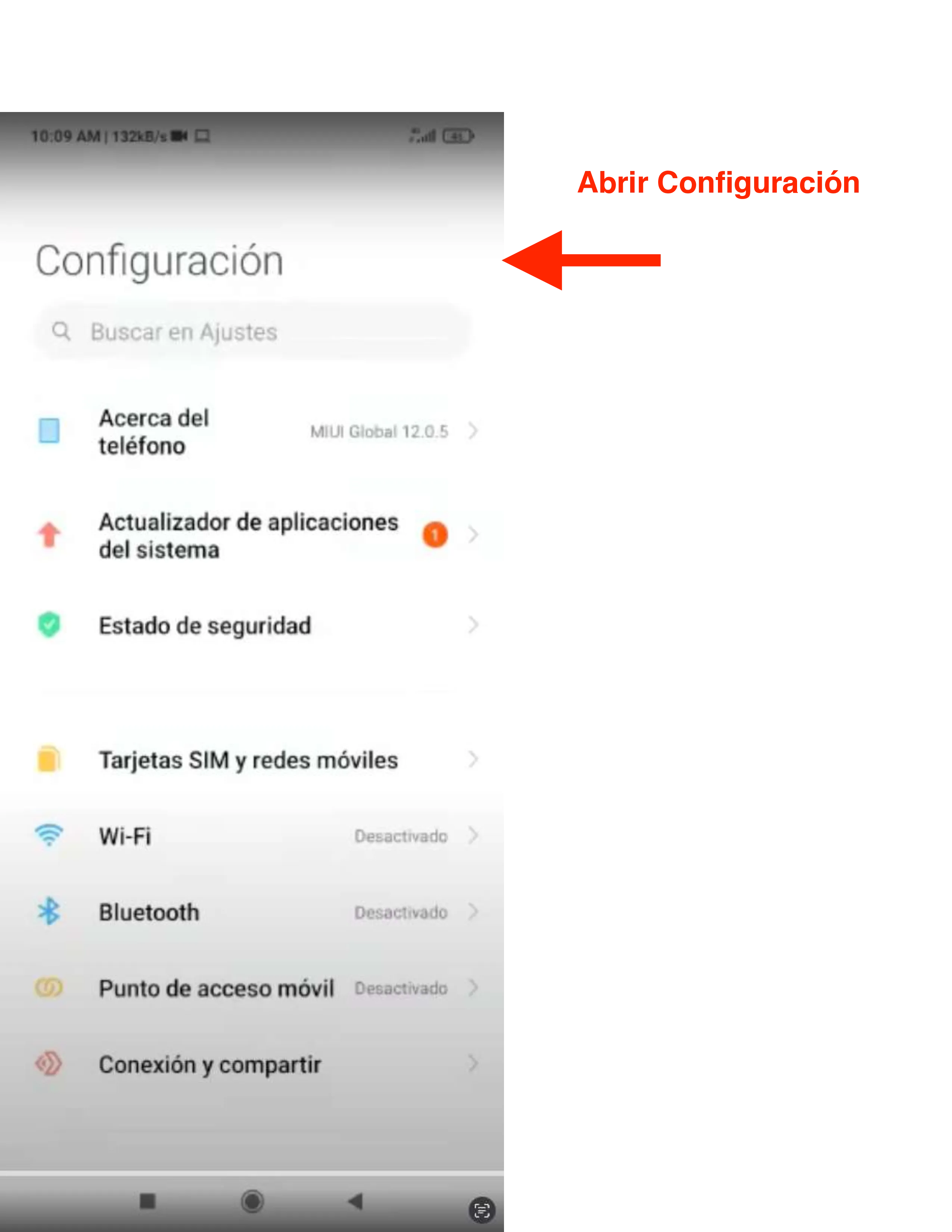 Pantalla de configuración de Android con flecha indicando la entrada