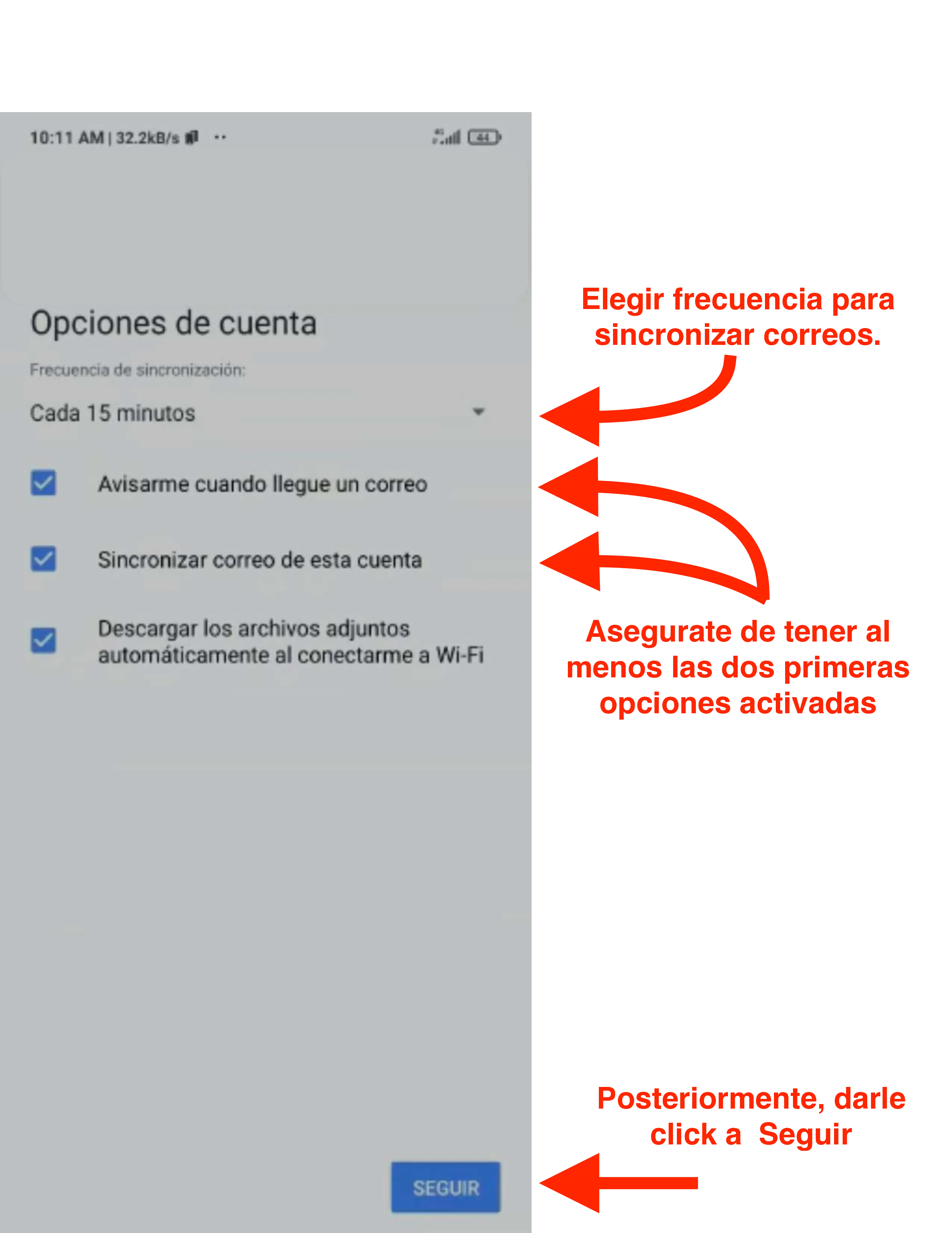 Opciones de cuenta con frecuencia de sincronización y casillas activadas