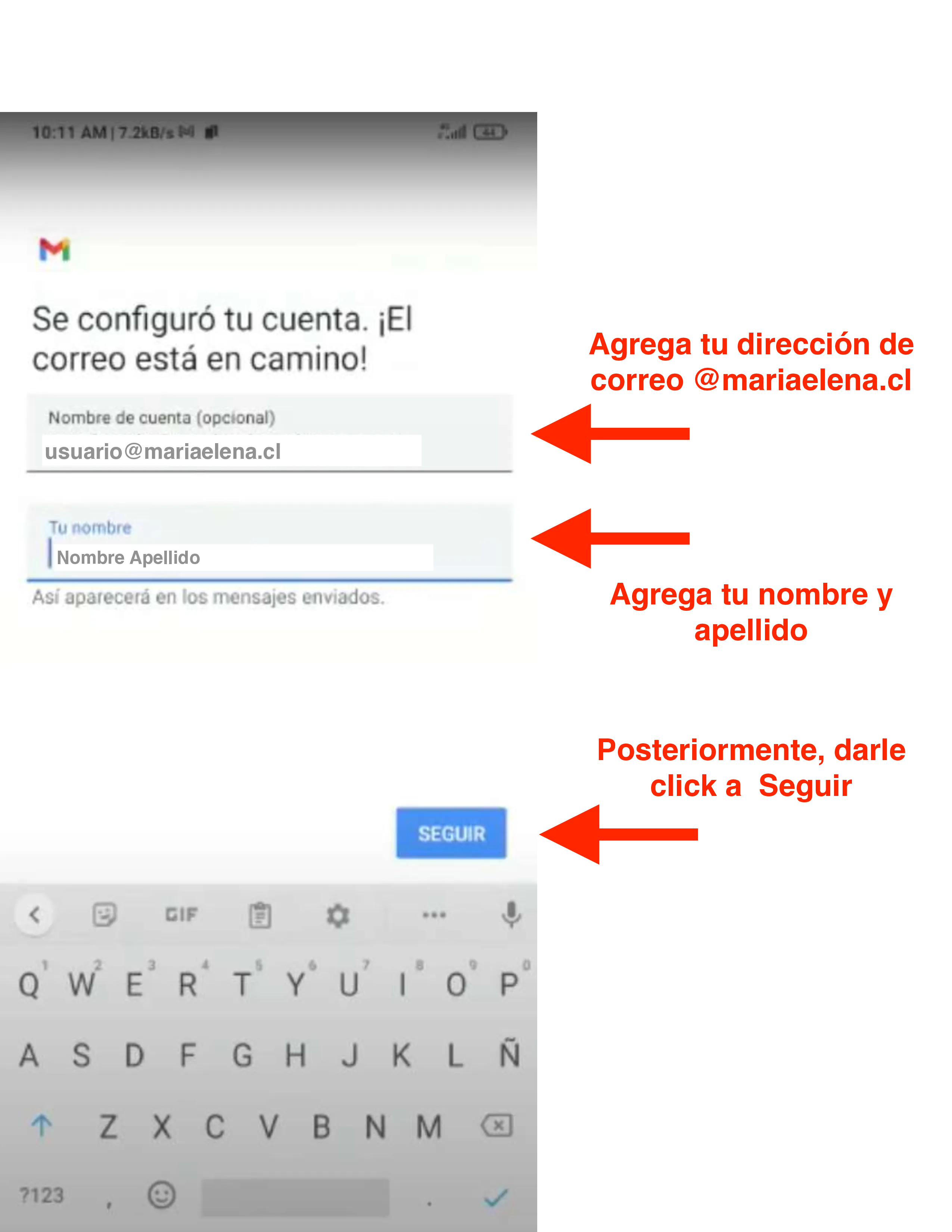 Pantalla final ingresando nombre de cuenta y nombre del usuario