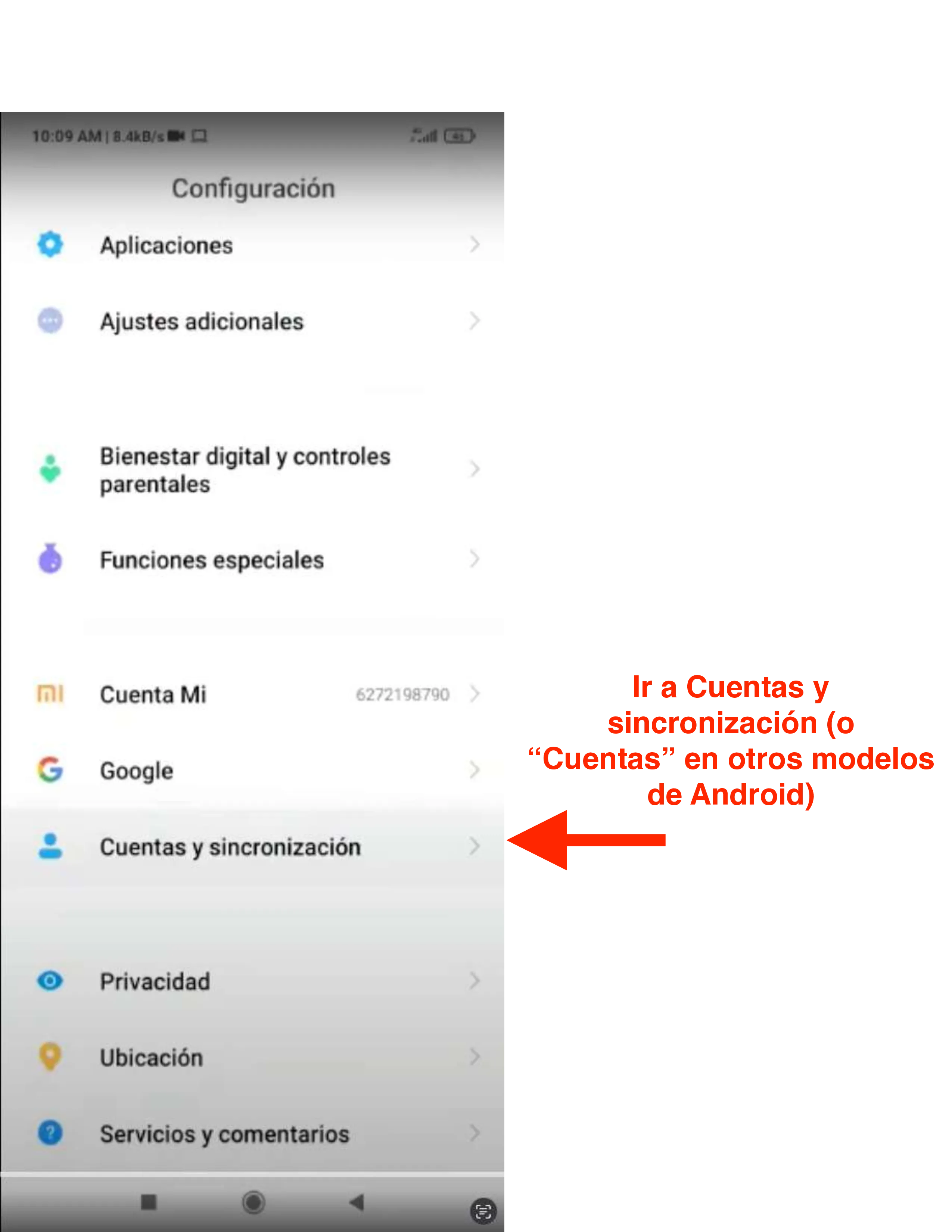 Menú de Configuración resaltando la opción Cuentas y sincronización