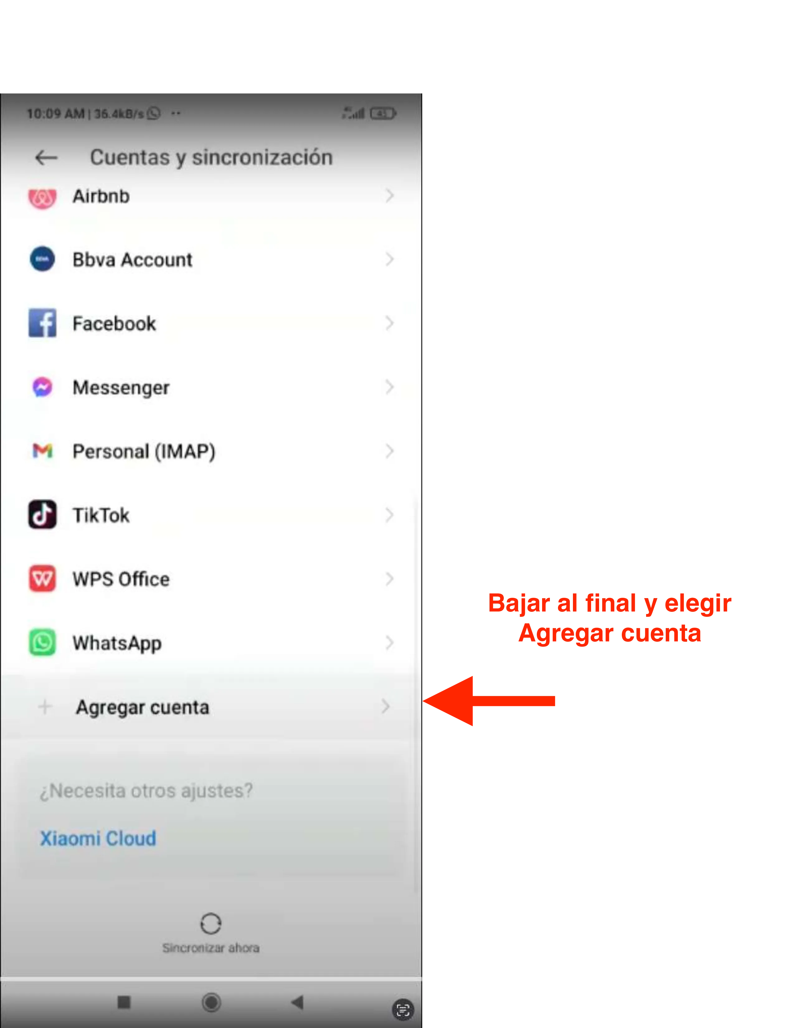 Listado de cuentas con el botón Agregar cuenta resaltado