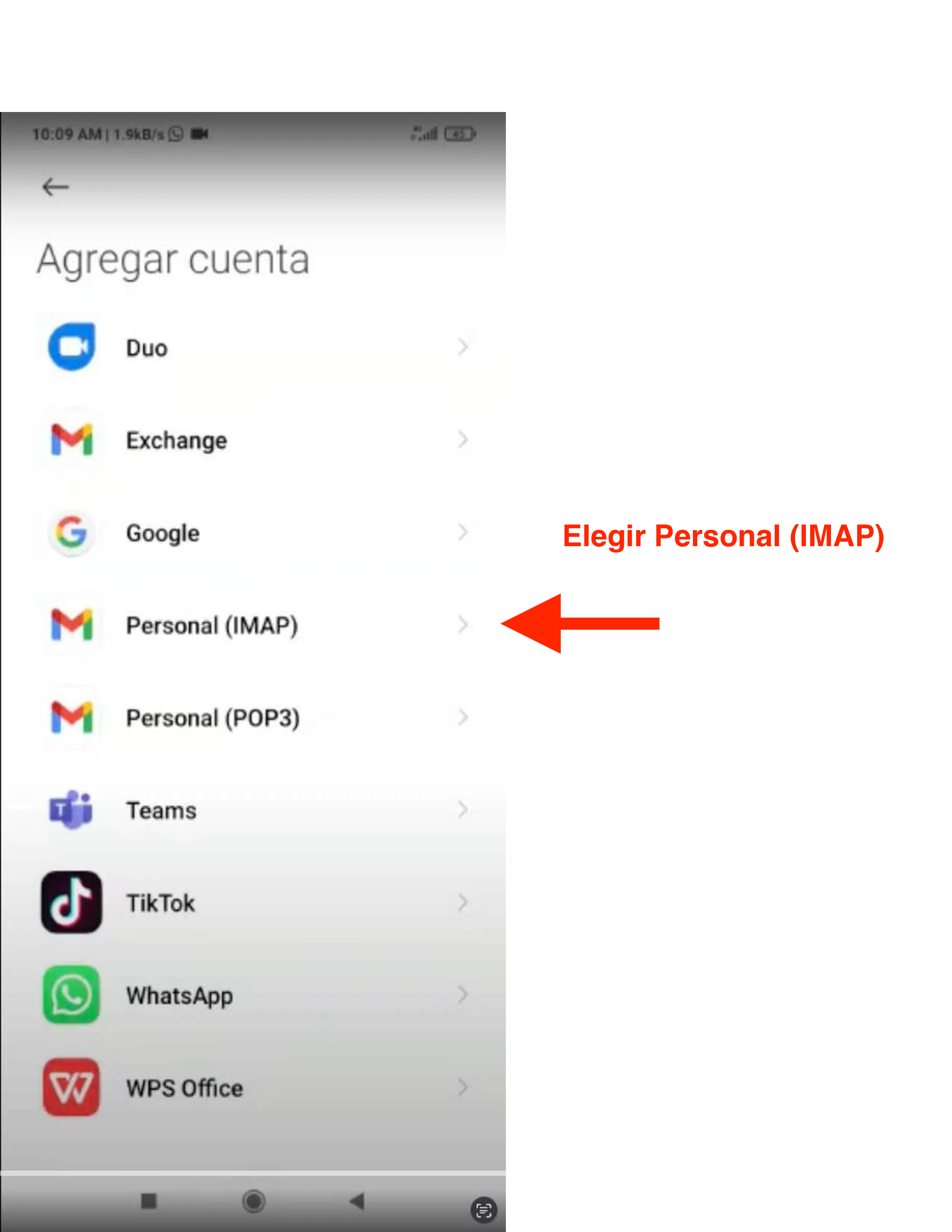 Selector de tipo de cuenta mostrando Personal IMAP