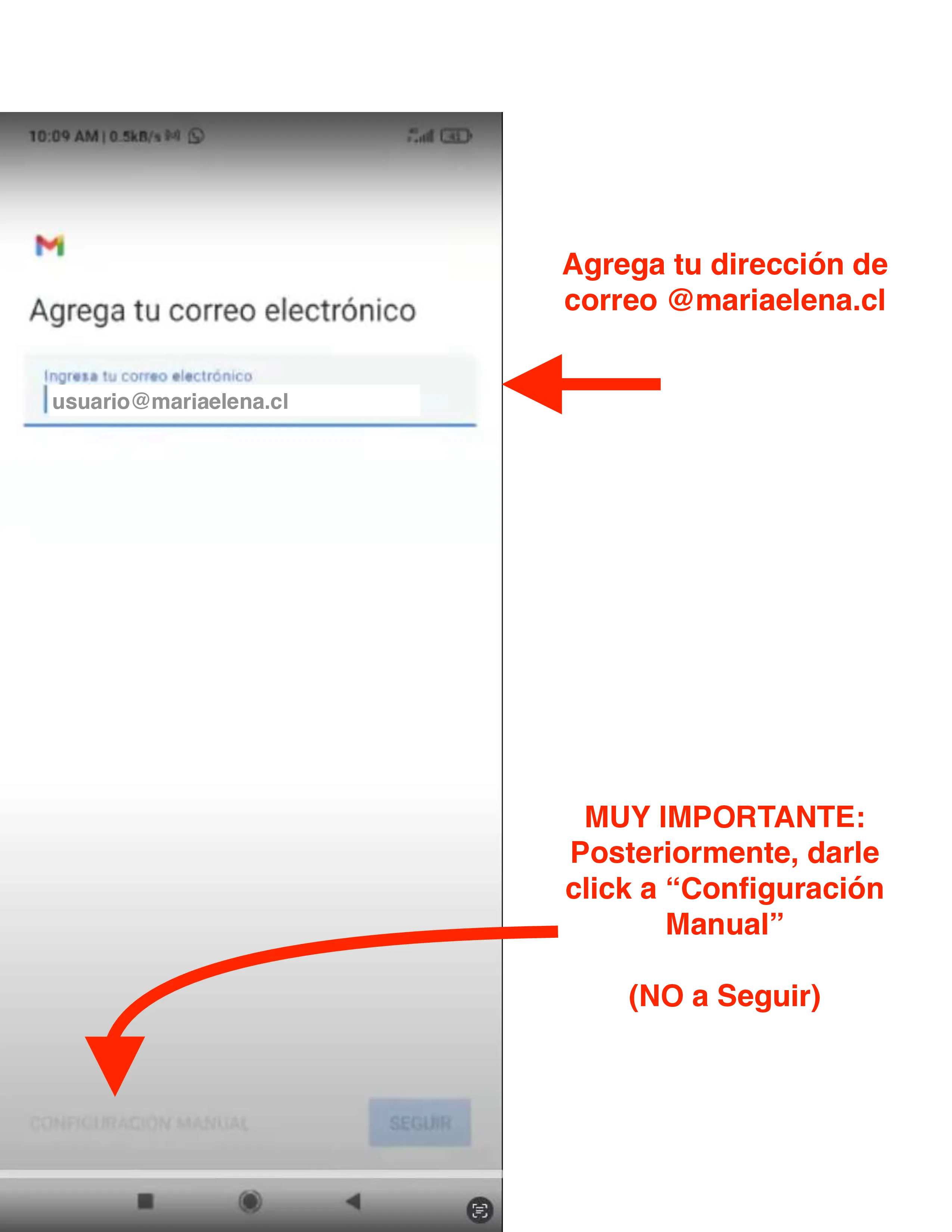 Pantalla de Gmail solicitando el correo con indicación de uso de Configuración manual