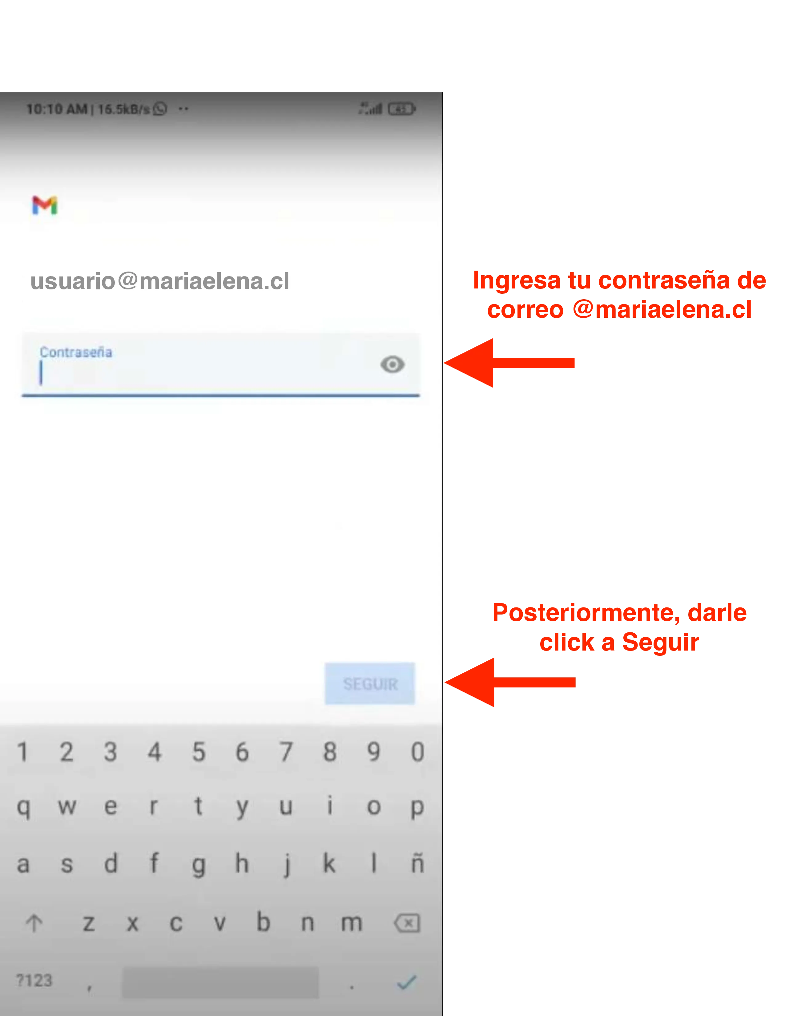 Campo de contraseña en Gmail con botón Seguir resaltado