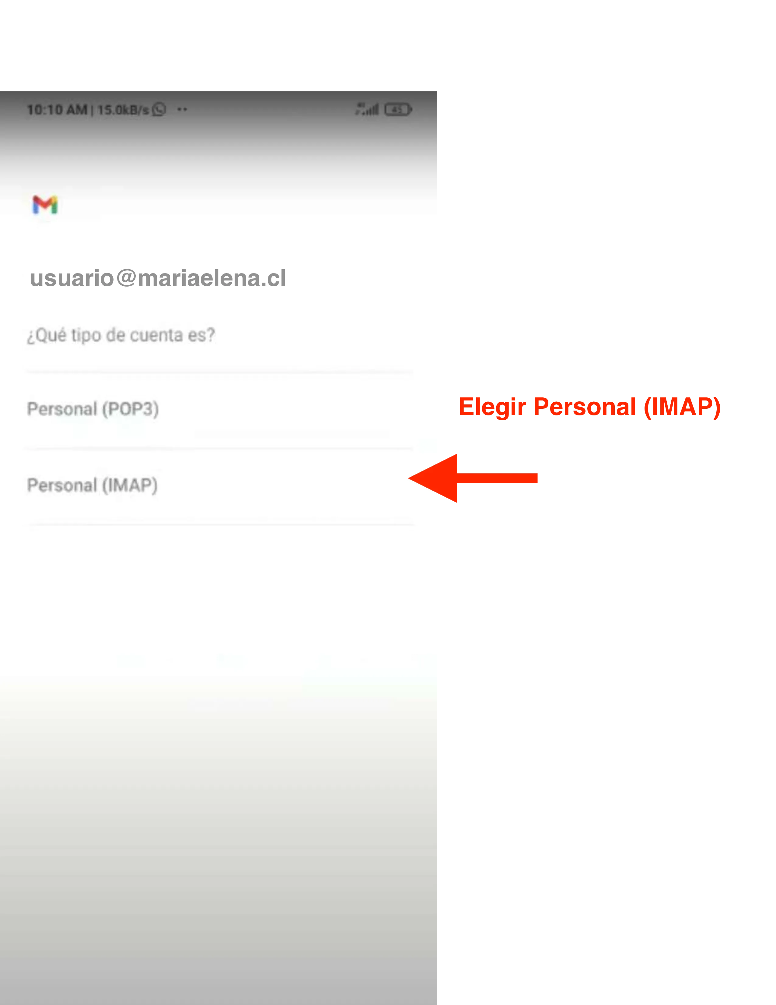 Pantalla confirmando el tipo de cuenta Personal IMAP