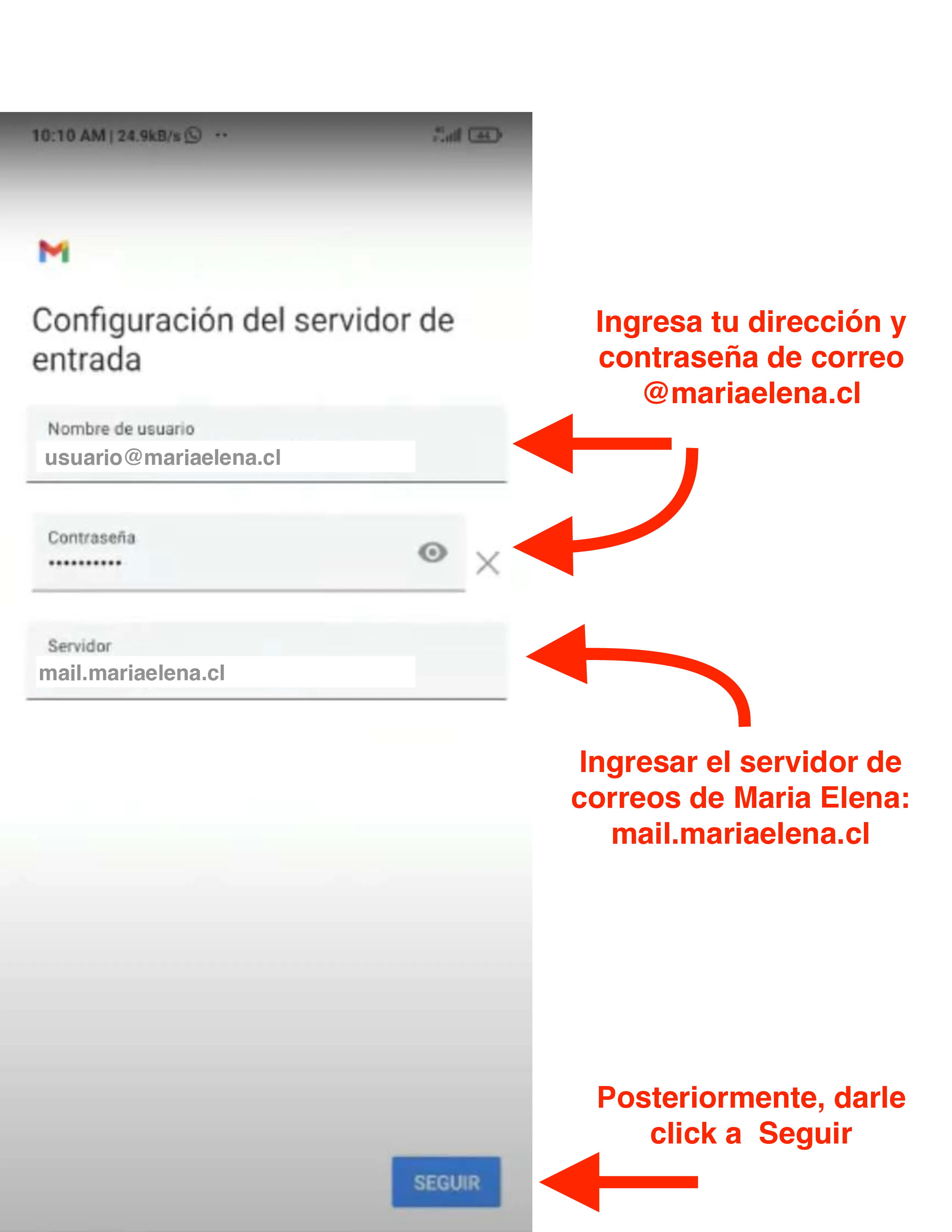 Formulario del servidor de entrada con mail.dominio.cl