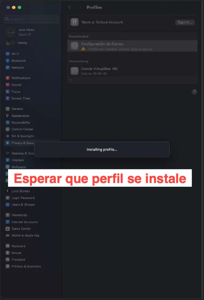Proceso de instalación del perfil en curso