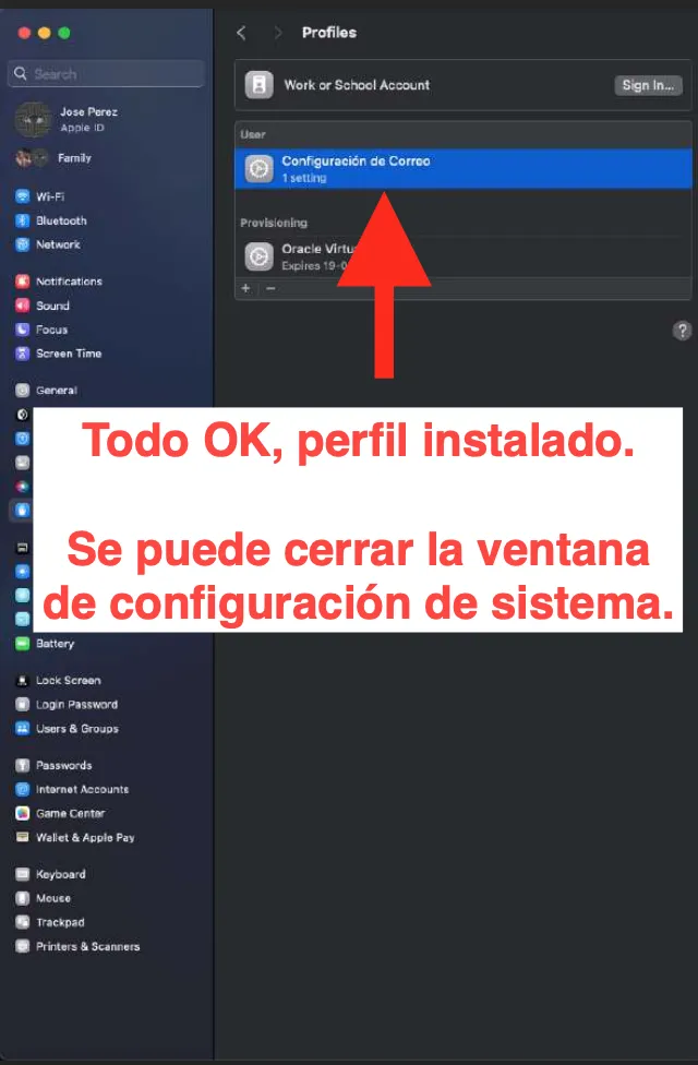 Perfil de correo instalado correctamente
