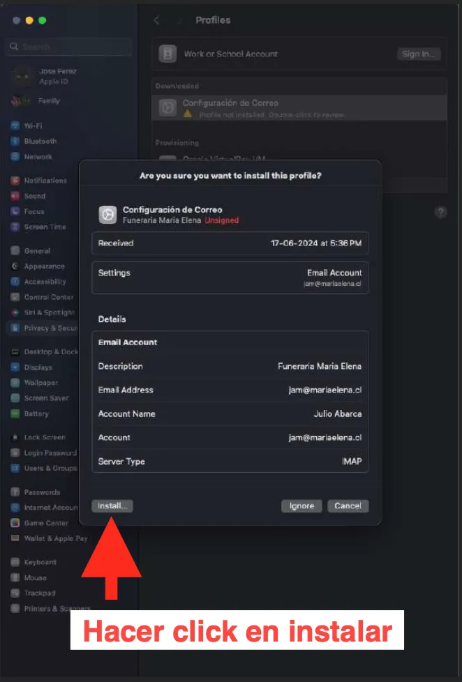 Pantalla de confirmación de instalación del perfil