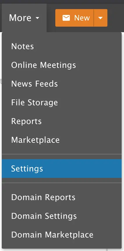 Menú Settings en Webmail